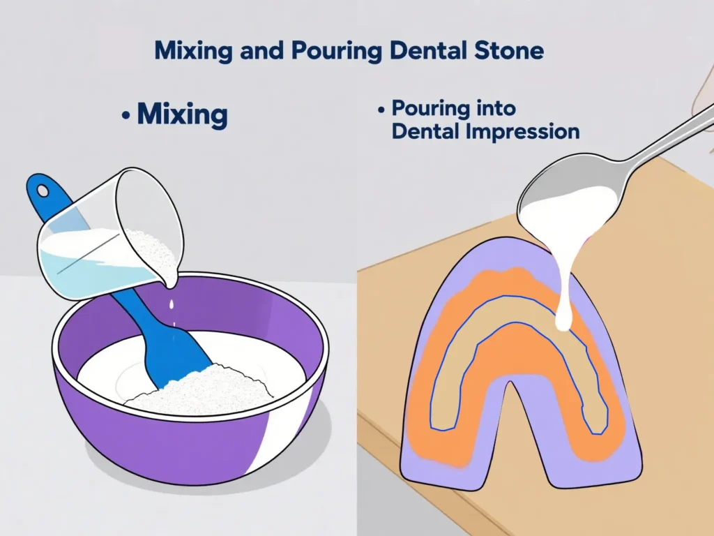 A collage showing the four steps of how to mix dental stone type iv: measuring, mixing, vibrating, and pouring into an impression.