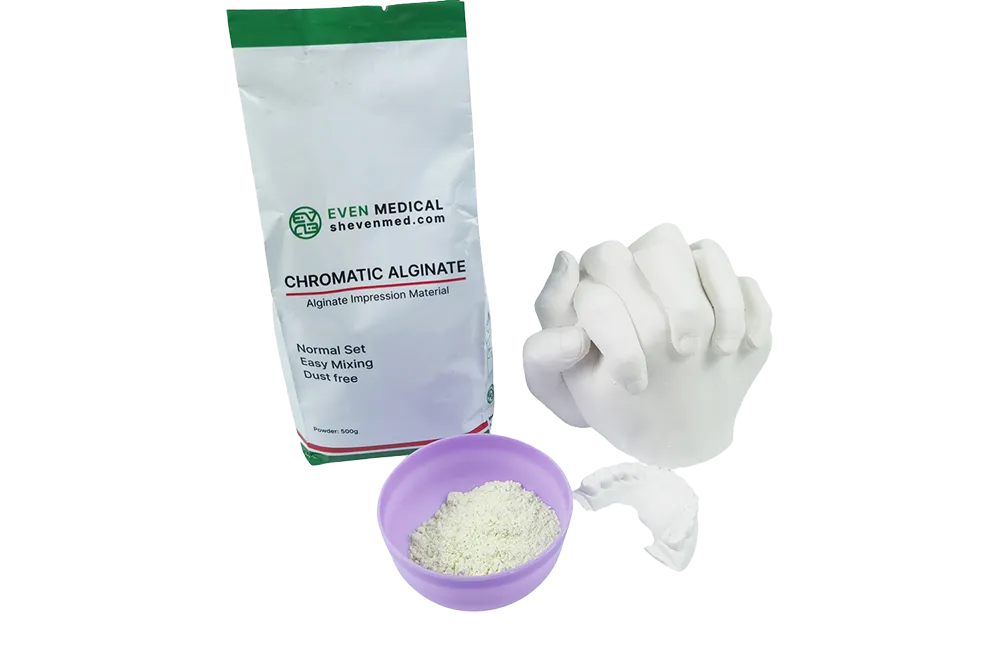 Universal alginate impression materials, containers, and mixing tools on a dental tray, essential for accurate dental impressions.