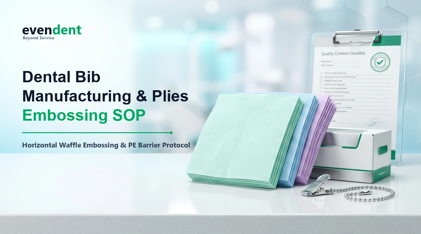 Dental bib manufacturing layers showing fanned fuchsia, blue and green embossed bibs with PE lamination